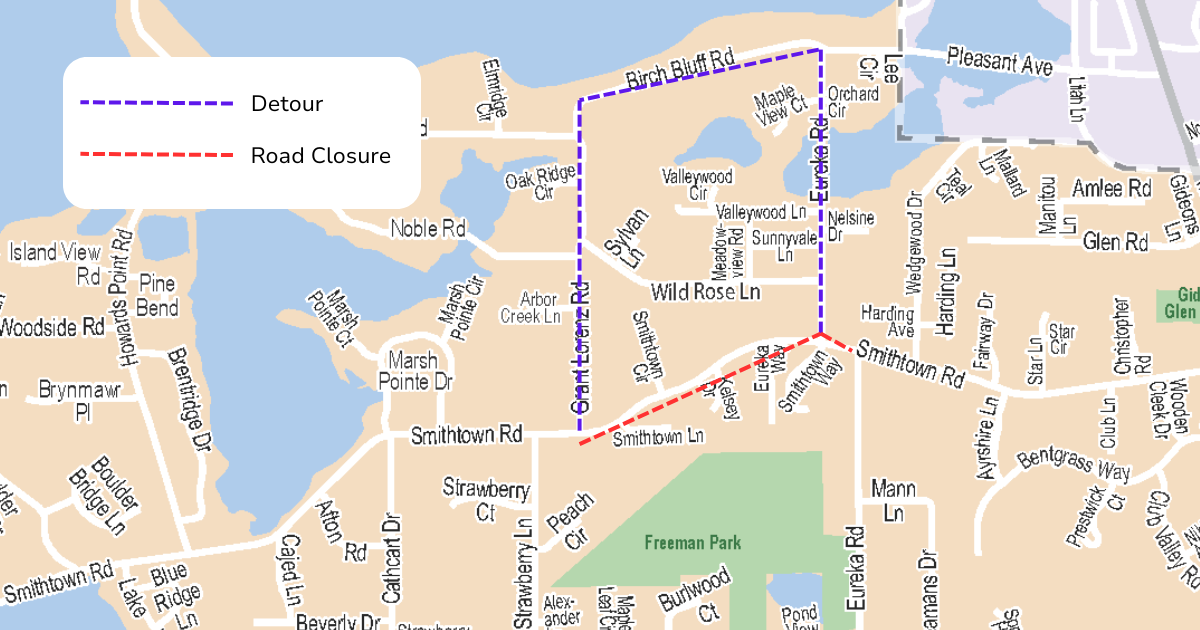 map of stretch of road that will be closed and detour route