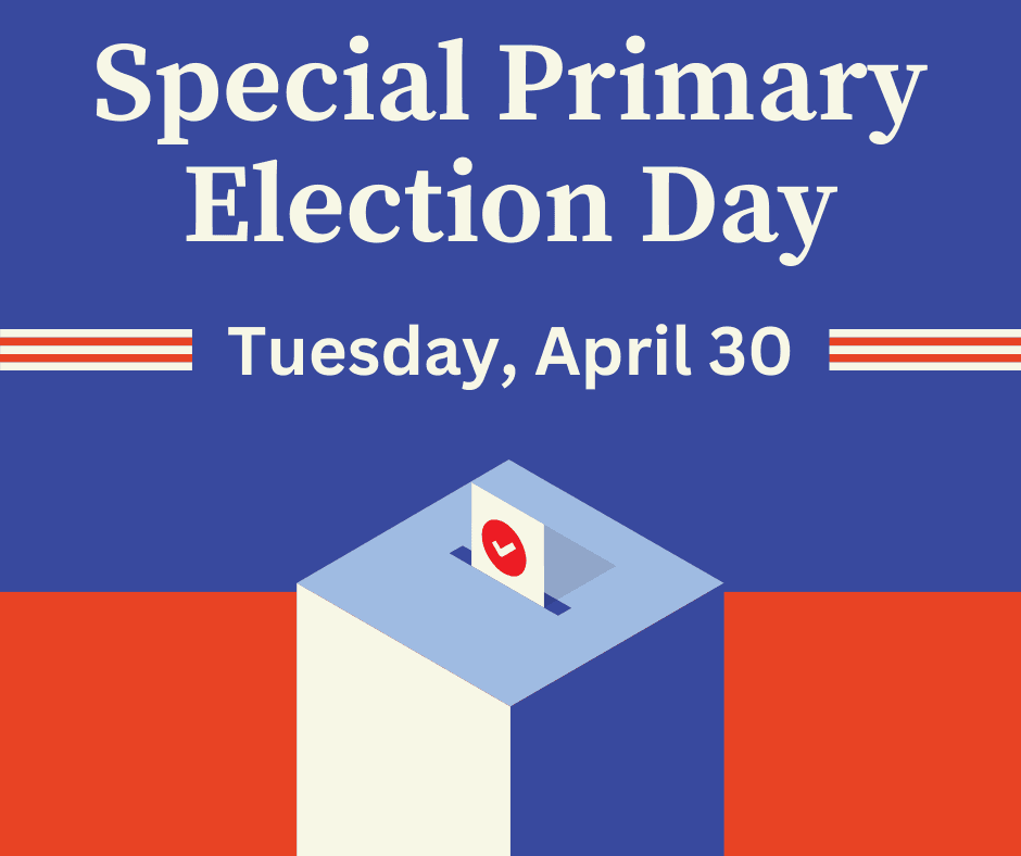 text reads primary election day april 30. image of ballot box