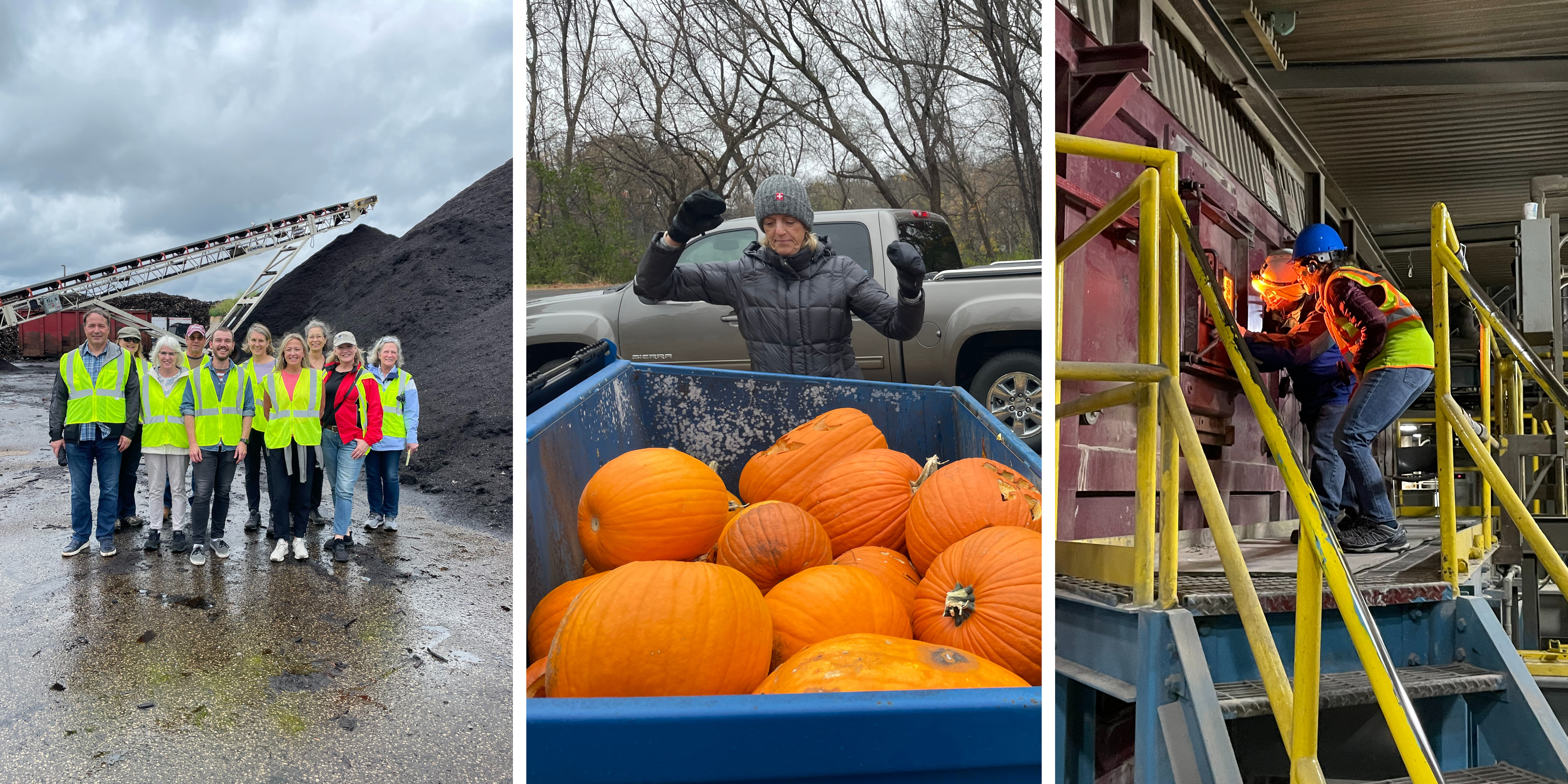 group of people in front of pile of compost, lady throwing pumpkin in dumpster, lady in vest